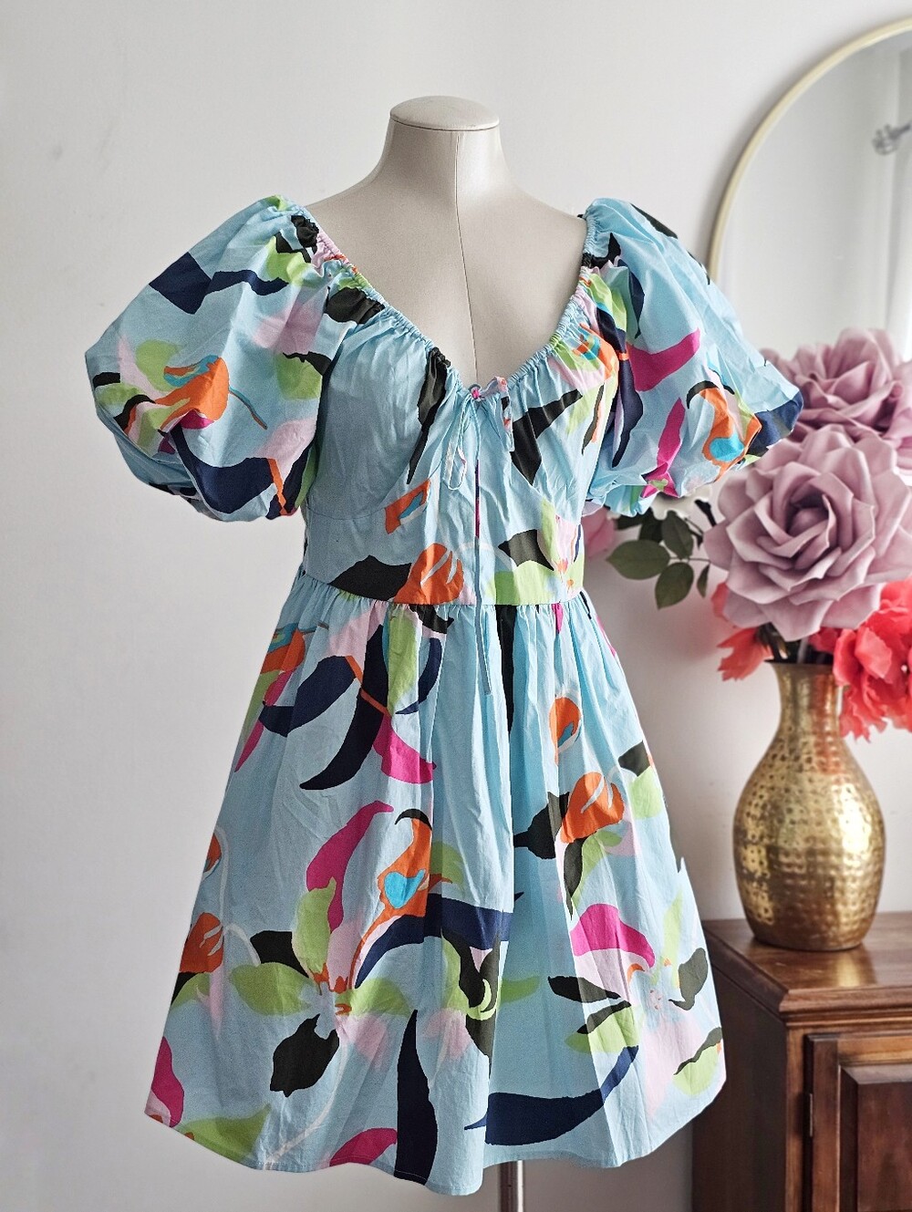 A New Day Blue Floral Puff Sleeve Pockets Dress NWT Size Medium